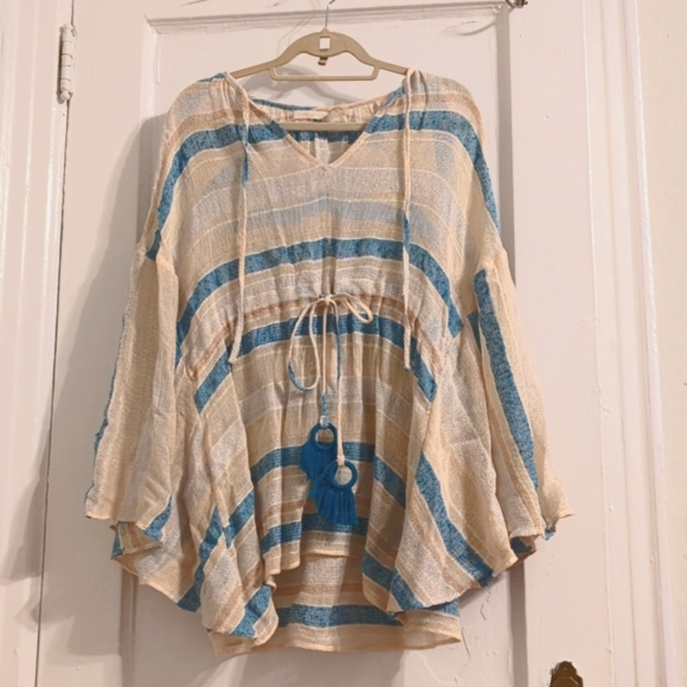 Ramy Brook Resort linen Blue/White Stripe Designer Contemporary New Without Tag